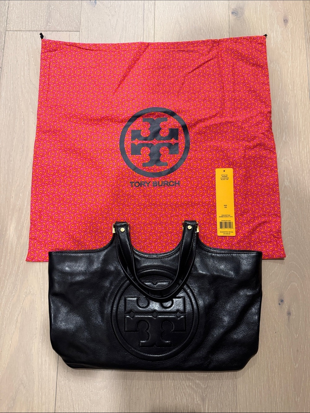 Tory Burch Black Leather Bombe Burch Logo Tote